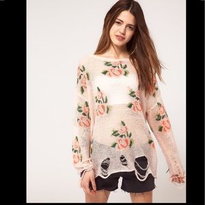 Wildfox White Label Distressed Flower Sweater